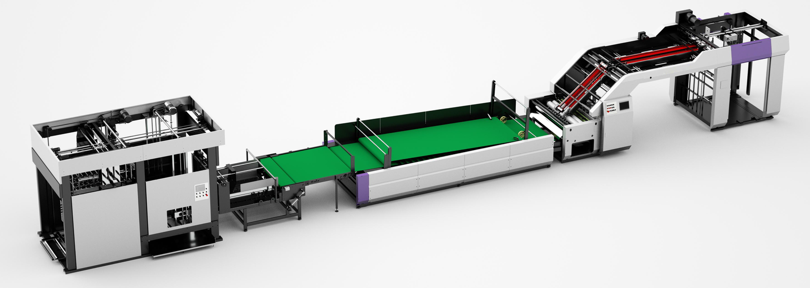SAGLIN Lamination production line — top feeder, main lamination unit, transfer bridge, press conveyor, flip-flop stacker